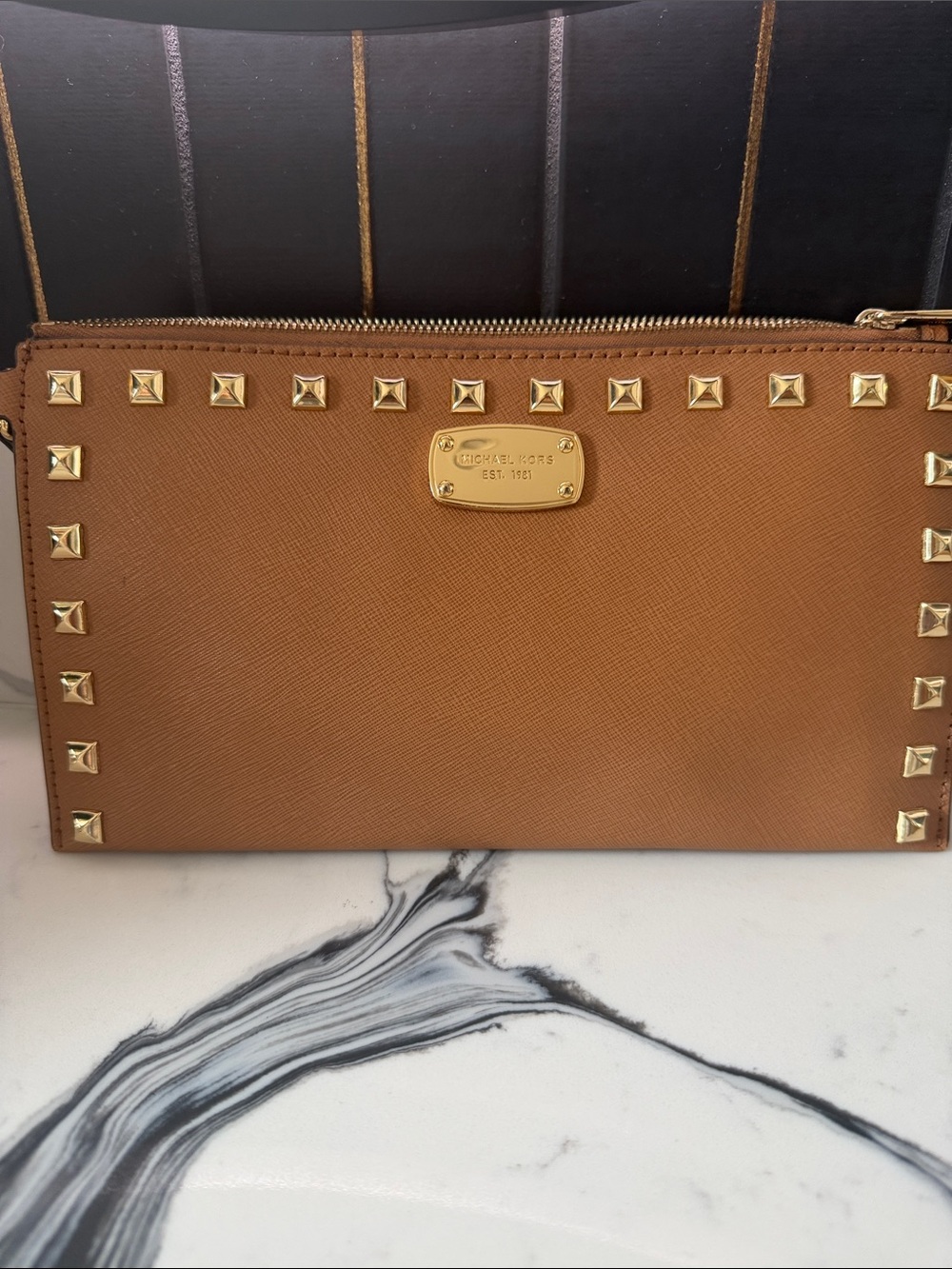 Michael Kors Caramel Brown Saffiano Leather Studded Zip Wristlet